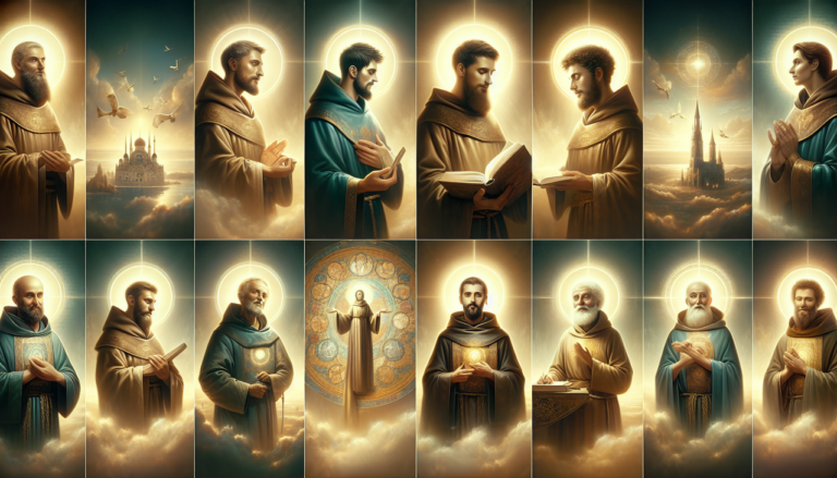 Saint en B - Collage céleste : Saint Benoît tenant un livre, Saint Bernard de Clairvaux en habits monastiques, Sainte Barbe avec une tour.