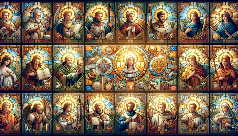 Saint en H, collection d'icônes des saints Hilaire, Honoré, Héloïse dans une atmosphère sereine et respectueuse, rappelant l'art du vitrail.