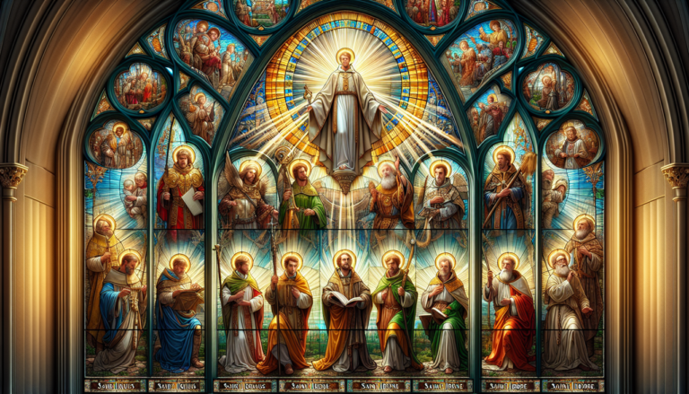 Saints en I dans une vitrail : Saint Ignace en armure, Sainte Irène guérit, Saint Isidore le fermier.