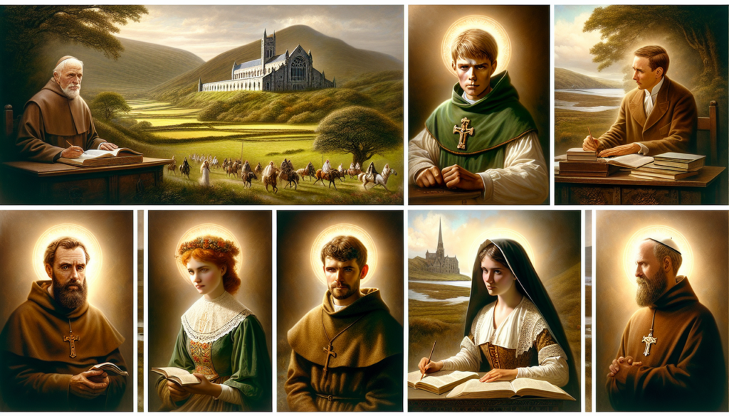 Saint Kevin in verdant Irish landscape, Saint Katharine Drexel in 19th-century classroom, Saint Kateri Tekakwitha in North American forest, Saint Kentigern in Scottish rolling hills.