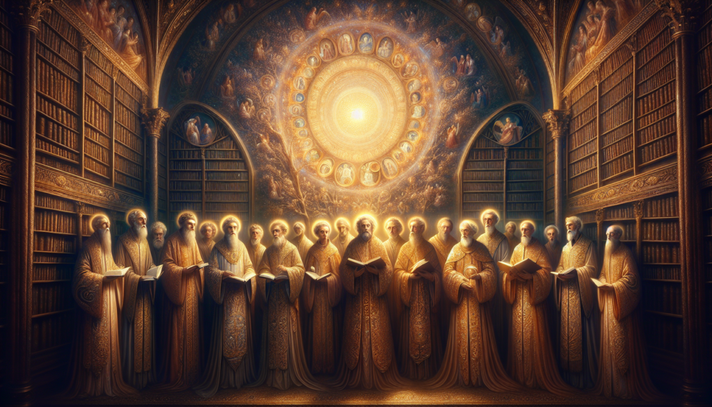 Crée une scène de saints commençant par la lettre "M" dans une bibliothèque céleste dorée avec lumière et couleurs pastel.