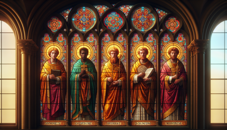 Saints Odile, Oliver et Oswald dans une vitrau médiéval coloré et détaillé, lumière chaleureuse.