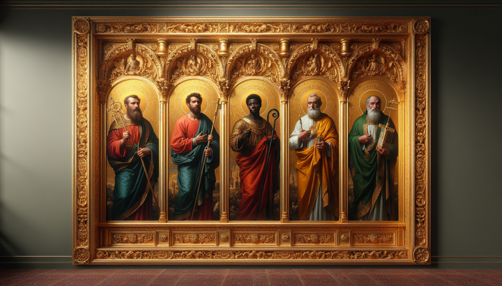Saints en P dans une galerie dorée et sombre avec des détails fins, éclairés par une lumière chaleureuse.