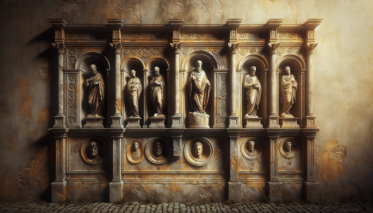 Statues de saints commençant par R dans niches sculptées sur mur de pierre ancien.