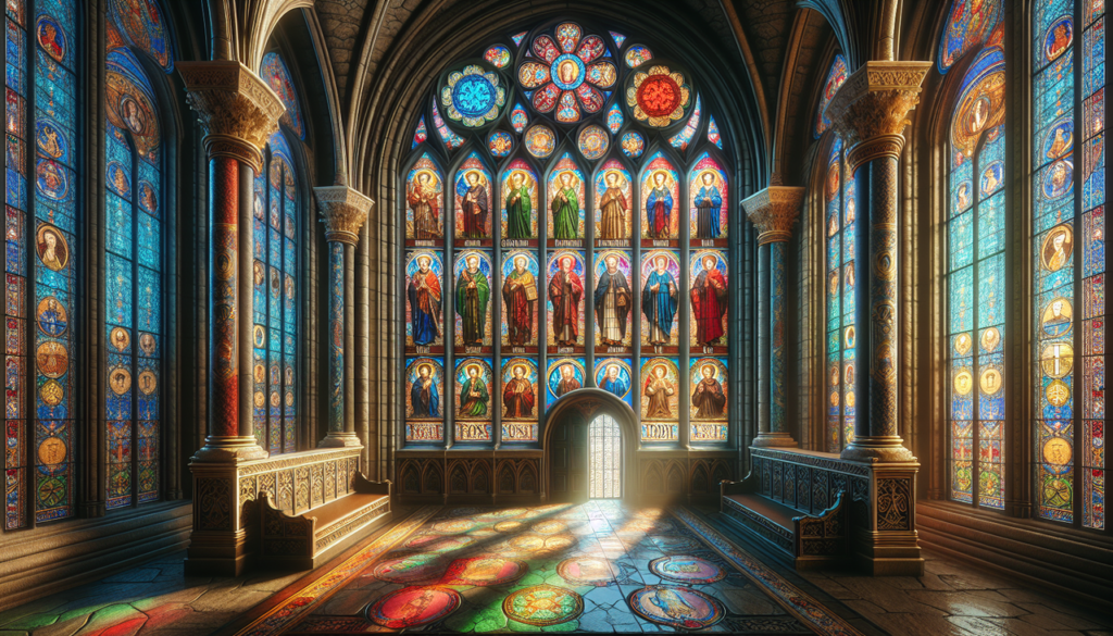 Saints en T dans une vitraux de cathédrale médiévale.