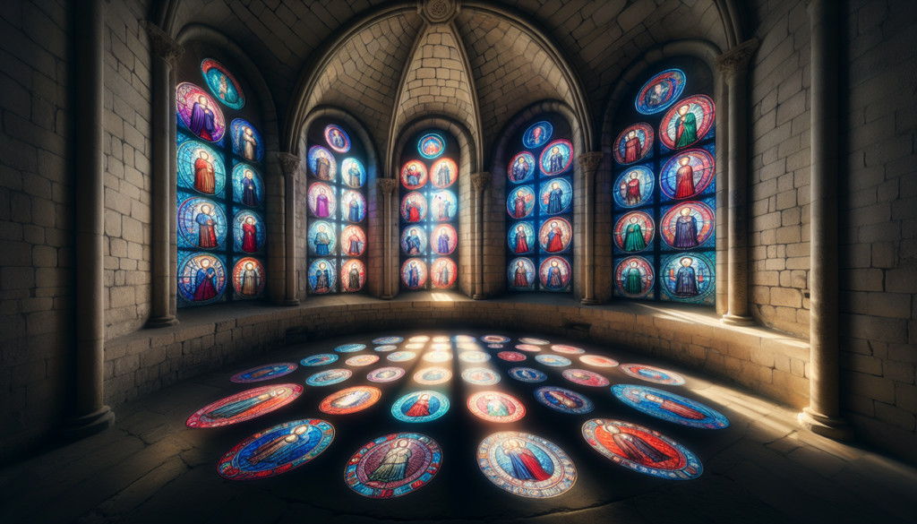 Saints en V dans vitraux colorés d'une église ancienne, baignés de lumière céleste.