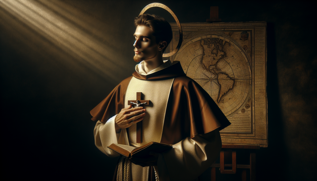 Saint Xavier dans une robe de prêtre jésuite du 16e siècle, bénissant avec un halo léger, tenant une croix en bois sur un livre ancien avec une carte d'Extrême-Orient en arrière-plan.