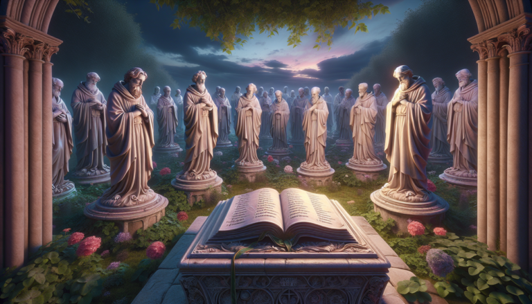 Statues de saints commençant par Y dans un jardin serein.