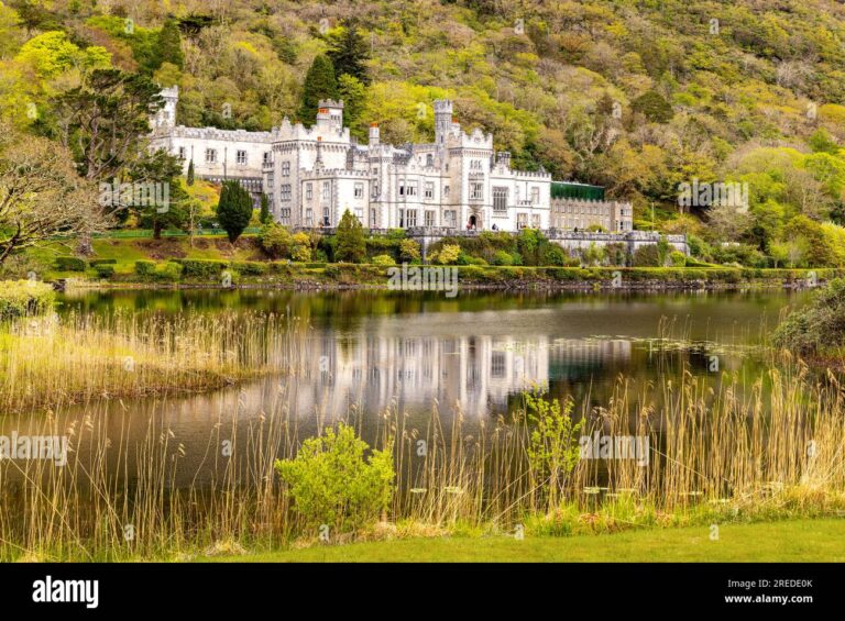 Vue panoramique de l'abbaye de Kylemore bordant le Lough Pollacappul, au cœur du Connemara en Irlande