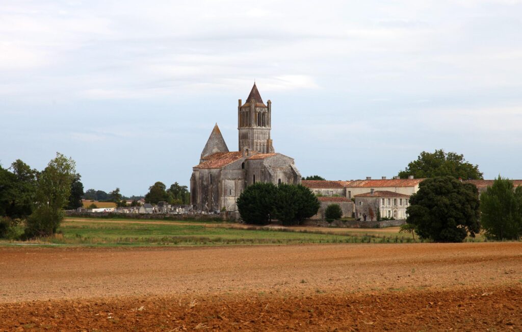 Vue panoramique de l'Abbaye de Sablonceaux entourée de verdure