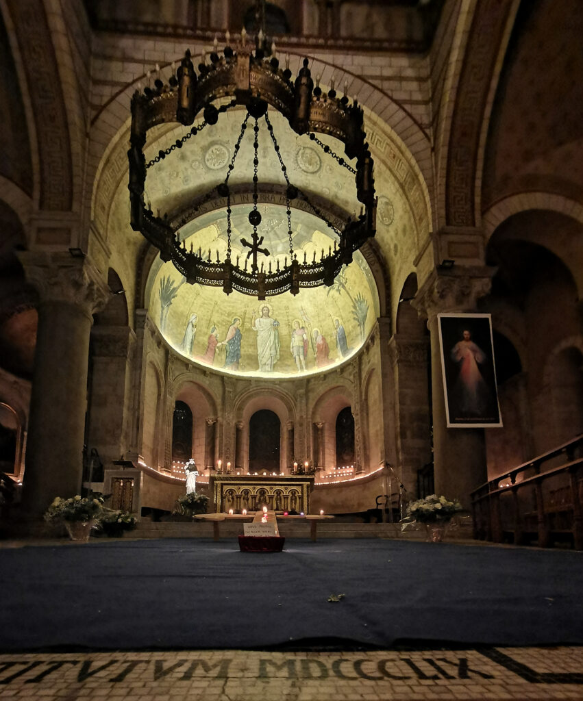 Façade illuminée de la Basilique Saint-Martin d'Ainay lors des Fêtes des Lumières à Lyon