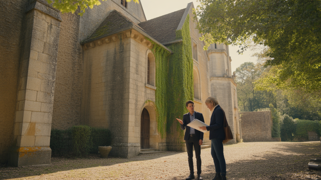 Photographie réaliste d'une abbaye médiévale française dans la campagne, avec des investisseurs modernes discutant d'un projet de rachat, sous une lumière naturelle dorée.