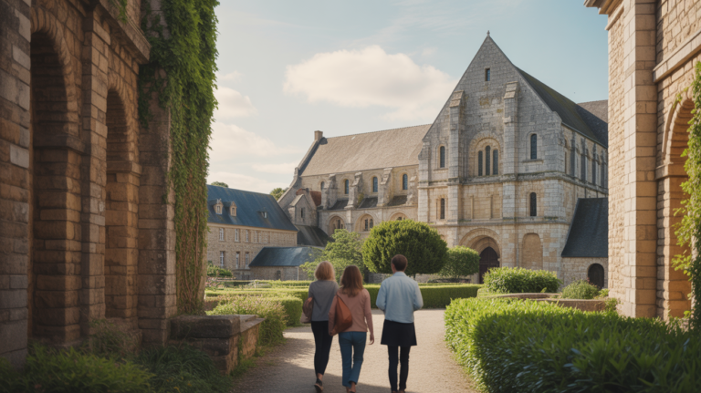 Vue réaliste de l’abbaye de Valmont avec ses jardins, son architecture médiévale et quelques visiteurs se promenant naturellement.