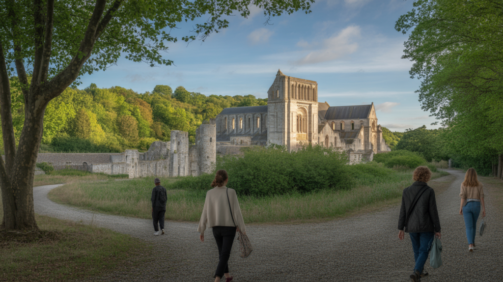 Vue réaliste de l’abbaye de Jumièges au soleil couchant, avec ses ruines majestueuses entourées de verdure et quelques visiteurs se promenant.