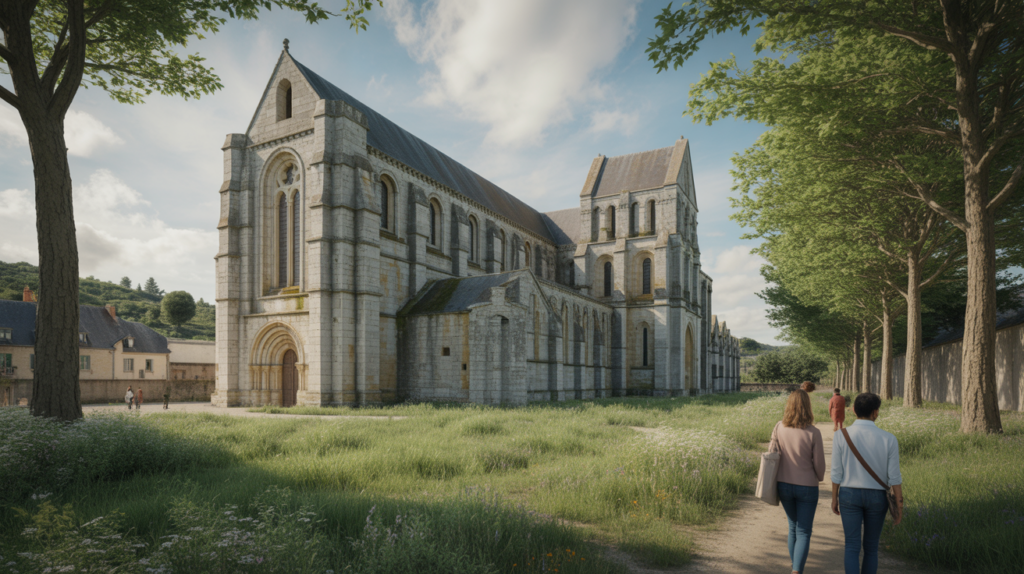 Vue réaliste de l’abbaye de Valmont en pleine nature, mettant en valeur son architecture gothique et son environnement authentique.