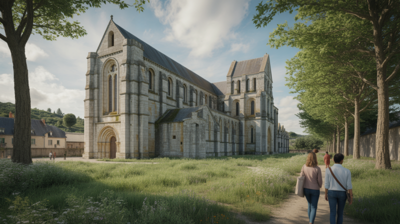 Vue réaliste de l’abbaye de Valmont en pleine nature, mettant en valeur son architecture gothique et son environnement authentique.