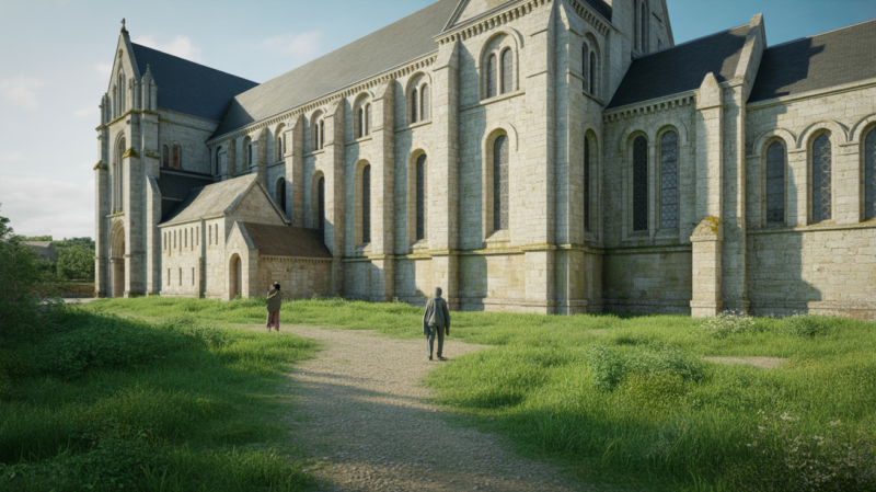Vue réaliste de l’abbaye de Valmont en style gothique normand avec ses pierres anciennes et un environnement naturel et végétal.