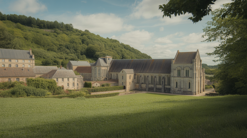 Vue réaliste et naturelle de l’abbaye de Valmont dans la campagne normande, montrant son architecture authentique entourée de verdure.