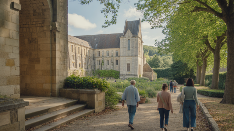 Photo réaliste de l’abbaye de Valmont en été avec ses jardins verdoyants et quelques visiteurs se promenant naturellement.