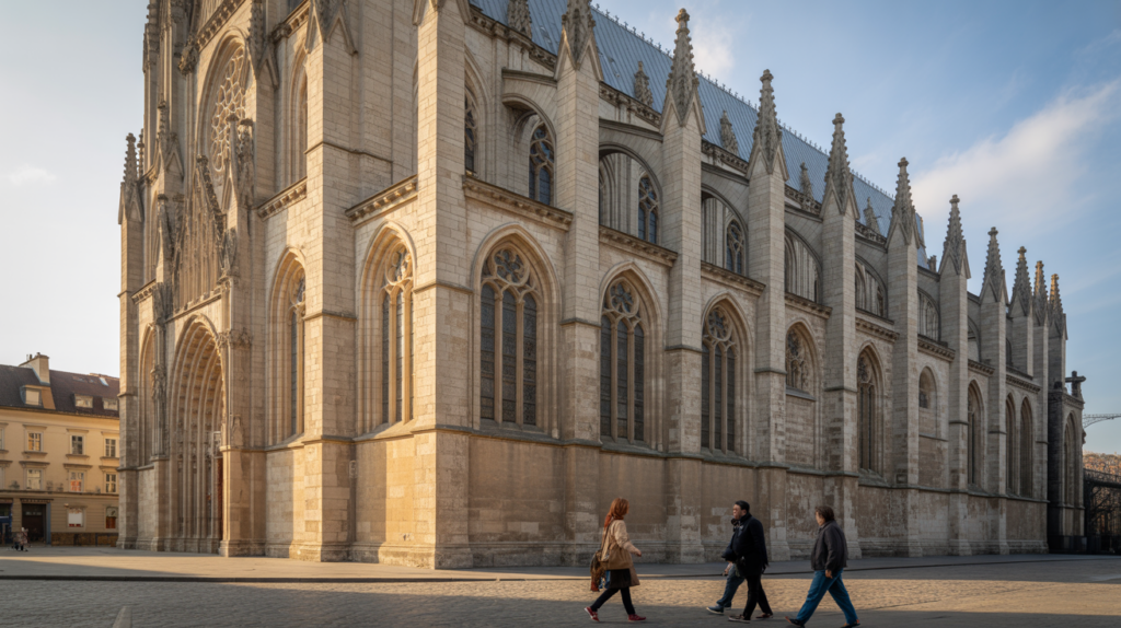 Vue réaliste d’une véritable cathédrale gothique à l’aube avec des visiteurs devant le monument.