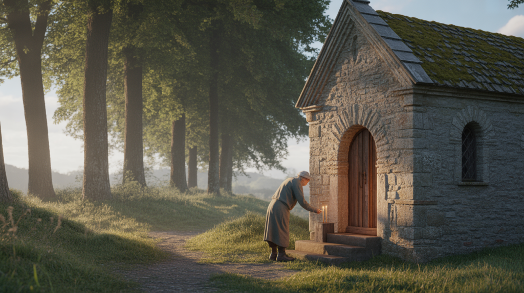 Photographie réaliste d’une ancienne chapelle en pierre dans une campagne européenne, éclairée par la lumière du matin, avec un gardien allumant une bougie devant l’entrée.