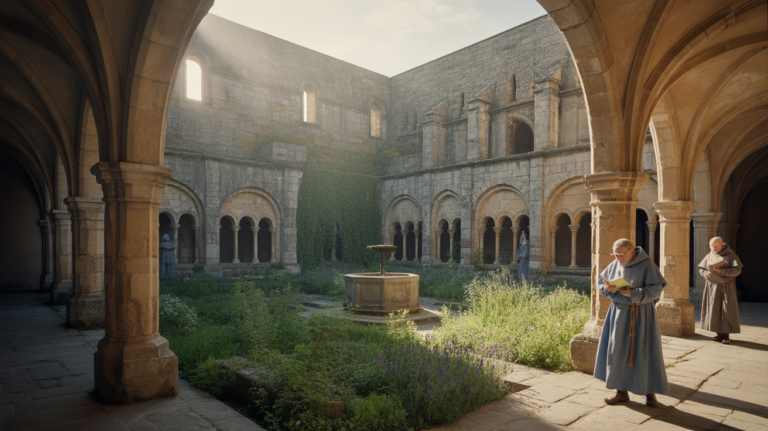 Cloître médiéval réaliste au lever du soleil avec arcades anciennes, jardin verdoyant et moines en tenue historique.