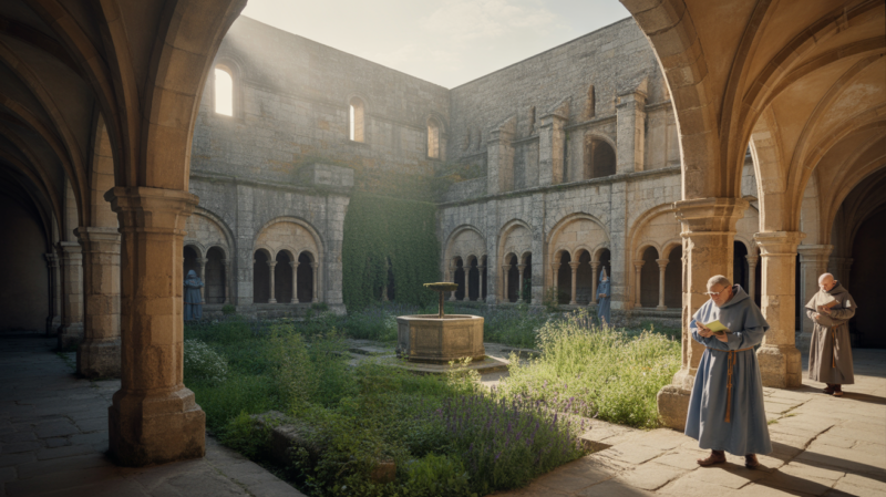 Cloître médiéval réaliste au lever du soleil avec arcades anciennes, jardin verdoyant et moines en tenue historique.