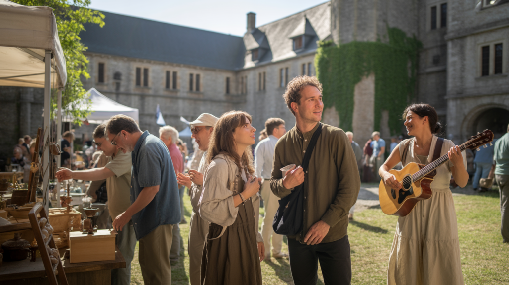 Scène réaliste d’un événement culturel dans la cour d’une abbaye médiévale authentique, avec visiteurs et ambiance vivante.