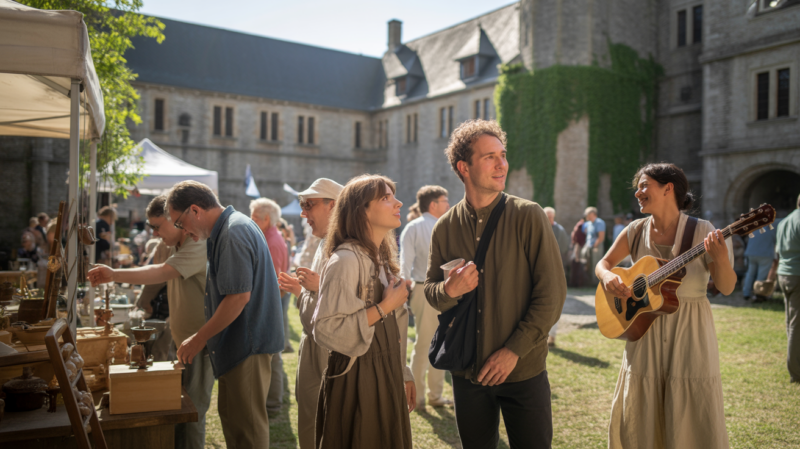 Scène réaliste d’un événement culturel dans la cour d’une abbaye médiévale authentique, avec visiteurs et ambiance vivante.
