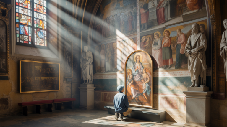 Intérieur réaliste d’une cathédrale historique éclairée par des vitraux colorés, montrant des œuvres d’art sacré et une personne observant un retable.