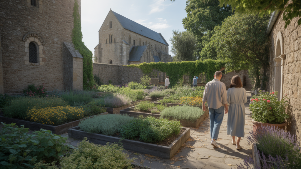 Jardin d’abbaye réaliste au soleil couchant avec plantes médicinales, potager structuré, visiteurs discrets et abbaye en pierre authentique en arrière-plan.