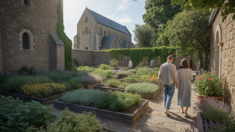 Jardin d’abbaye réaliste au soleil couchant avec plantes médicinales, potager structuré, visiteurs discrets et abbaye en pierre authentique en arrière-plan.