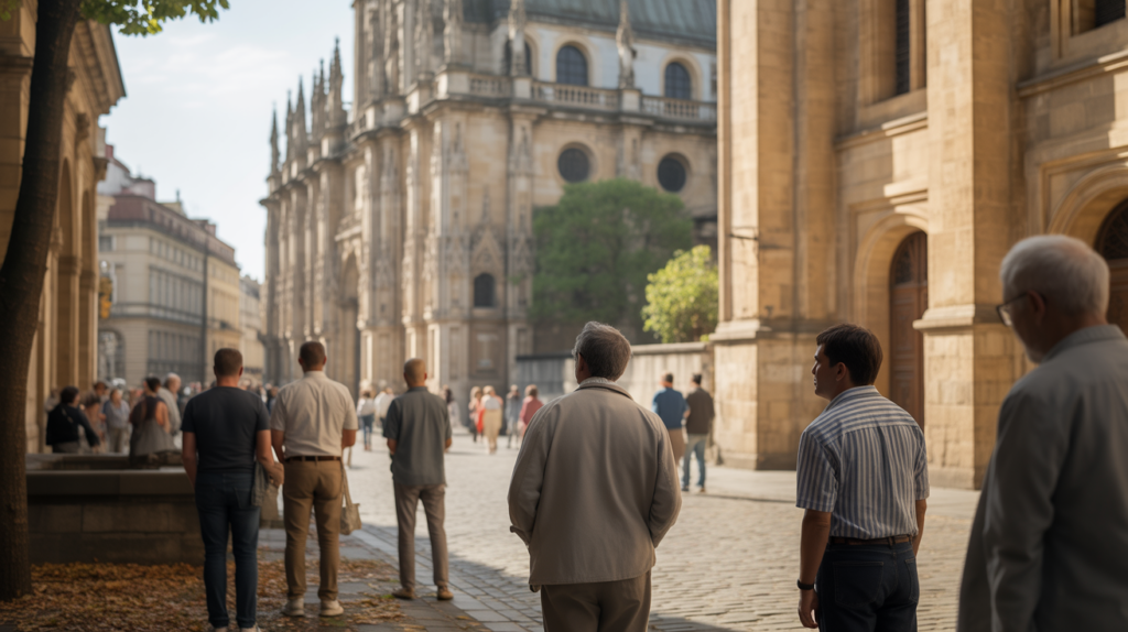 Scène réaliste d’un patrimoine religieux européen avec une cathédrale historique et des visiteurs observant l’architecture au lever du jour.