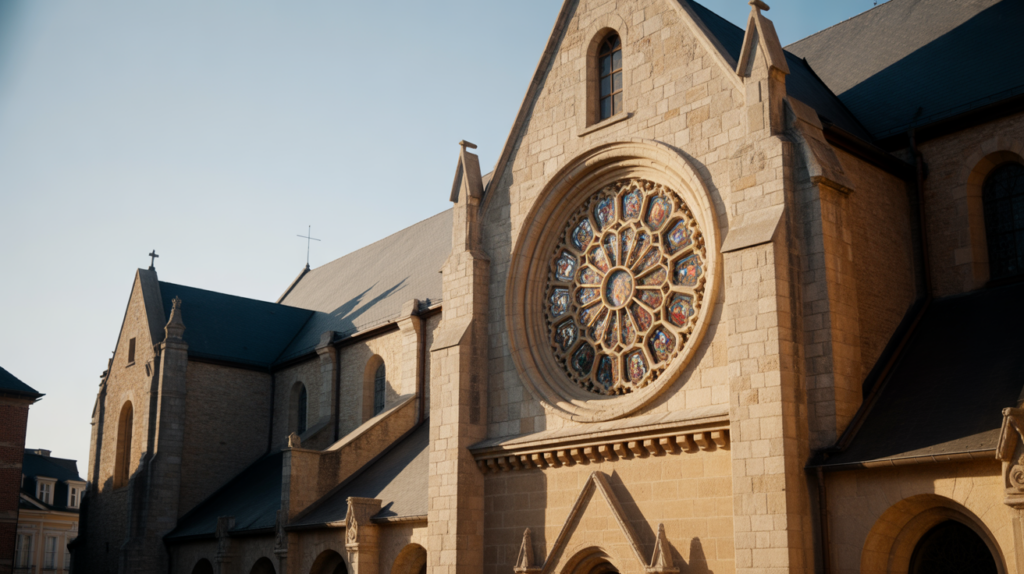 Façade réaliste d’une église médiévale mettant en valeur une rosace lumineuse et détaillée sous une lumière naturelle.