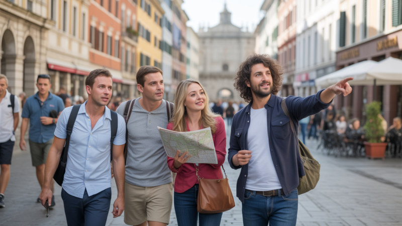 Groupe de voyageurs suivant un guide dans une rue historique animée d’une ville européenne, ambiance réaliste et naturelle.