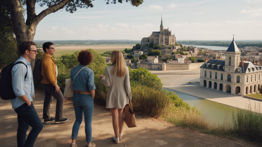 Voyageurs observant un paysage réaliste réunissant plusieurs sites incontournables du patrimoine mondial de l’Unesco en France, dont le Mont-Saint-Michel, un amphithéâtre romain et un château de la vallée de la Loire.