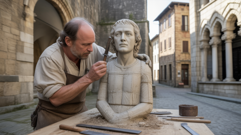 Artisan médiéval sculptant une statue en pierre dans une ville historique européenne, entouré d’éléments architecturaux réels et de détails authentiques.