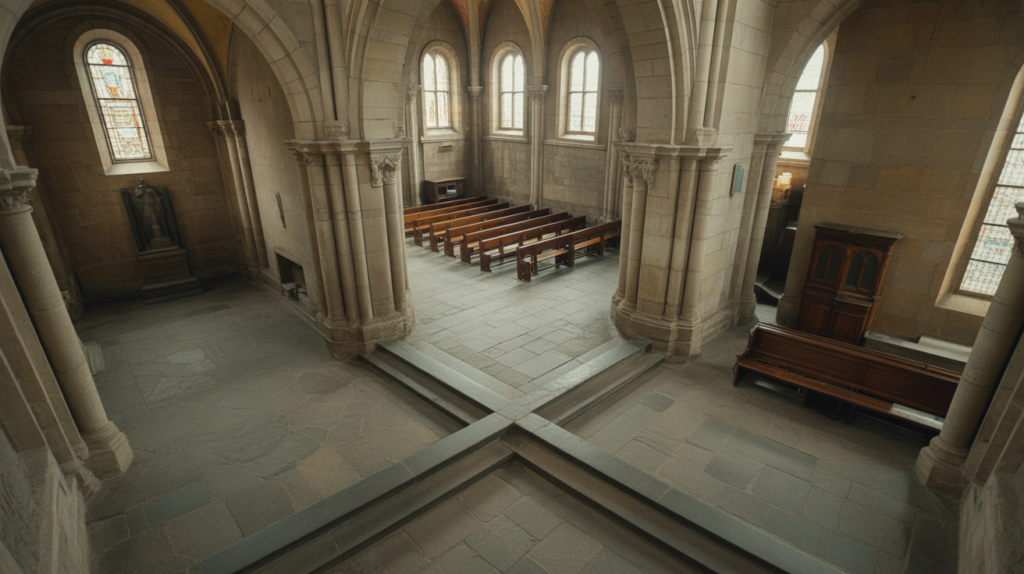 Vue réaliste de l'intérieur d'une église historique montrant clairement la croisée du transept avec ses arches en pierre, ses vitraux colorés et son plan en croix.
