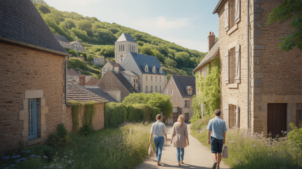 Vue réaliste et ensoleillée de l’abbaye de Valmont entourée de verdure et de maisons normandes.