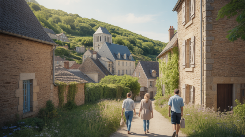 Vue réaliste et ensoleillée de l’abbaye de Valmont entourée de verdure et de maisons normandes.