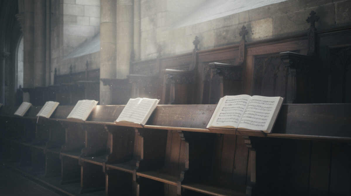 Les stalles de bois d'une église abbatiale, vides, un livre ouvert sur le pupitre