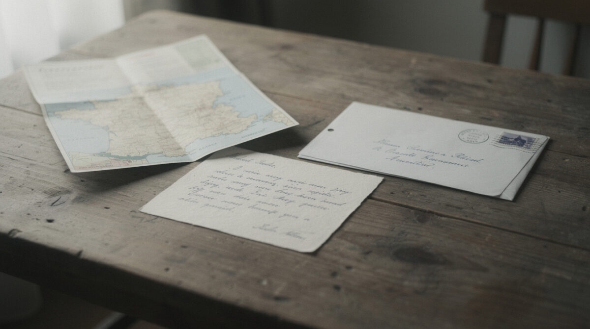 Une lettre manuscrite et son enveloppe sur une table de bois, à côté d'une carte de France